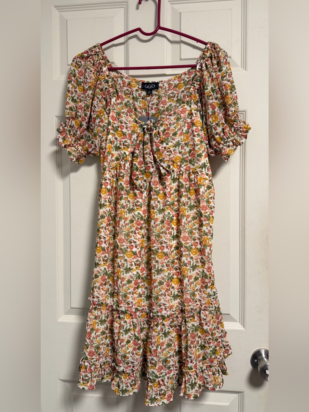 GiGiO Floral Puff-Sleeve Midi Dress in Multi-Color
